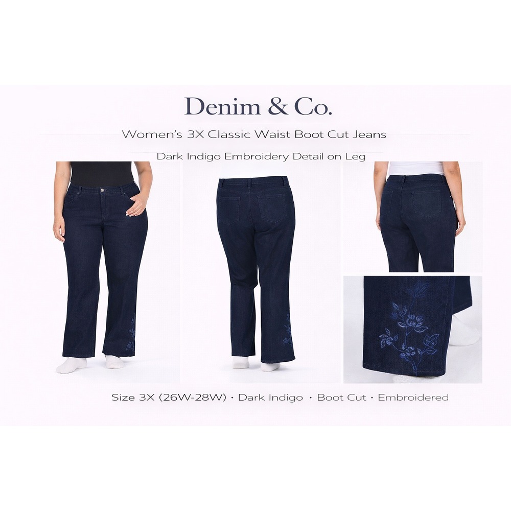 Denim & Co Womens 2X Classic Waist Boot Cut Jeans Dark Indigo Embroidered A22758